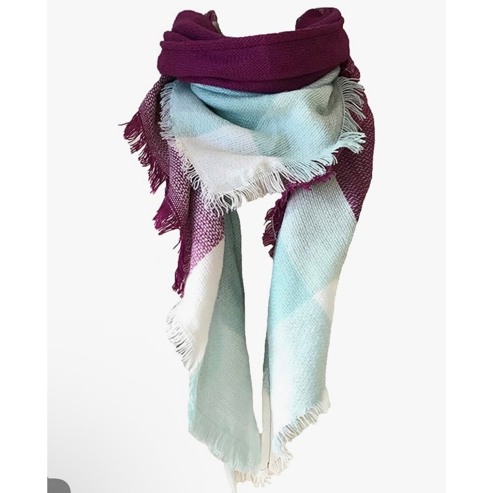 Wander Agio‎ Plaid Blanket Scarf Red Green White Blue Fringe New